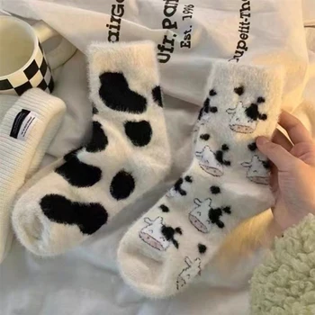 Есенни чорапи от млечна крава, Женски Кавайные изолирана норковые Кашмир чорапи, Сладко момиче, Мека топла Корея, връхни облекла, чорапи на пода