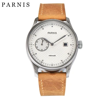 Модерен Мъжки механични часовници Parnis 43 мм, със сребърен корпус, Календар, Кожена каишка, Мъжки автоматично водоустойчиви часовници, Луксозни подаръчни часовници