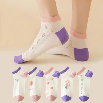 Красиви Дамски чорапи до Глезена с цветя, без показване, с ниско деколте, Тънка дишаща случайни мрежест чорап-машина с анимационни герои