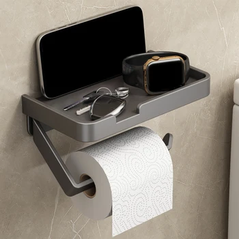 Държач за тоалетна хартия в банята с рафт, Алуминиев Стенен Държач за диспенсера салфетки в банята, стойка за телефон, шкаф за съхранение на салфетки
