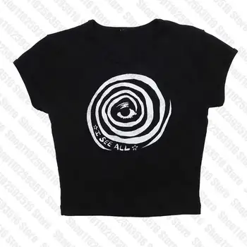 графичен принт Y2K, Дамски Детска тениска, Градинска Дрехи, Ретро Съкратен най-Годишният пънк-Всекидневни Траш, Базова Готическата Тънка Тениска с къс ръкав, емо