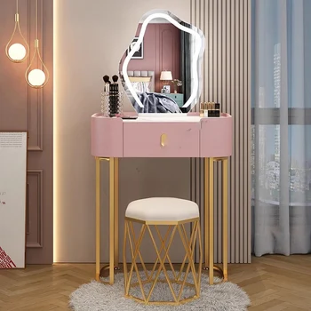 Розови тоалетки за спалня, Огледало за грим, Led Огледало, Минималистичен набор от шкафове за съхранение, Луксозно обзавеждане Tavolo Trucco Nordic LJ50DT