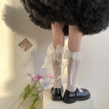 Детски кавайные чорапи до коляното с лък за момичета, прекрасни дантелени чорапи принцеса с рюшами от комари за деца