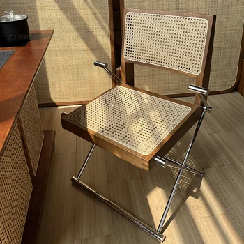 Трапезни столове от ратан в ретро стил за домашна кухня, дизайнерски стол за трапезария, мебели за трапезария, с гръб от масивно дърво