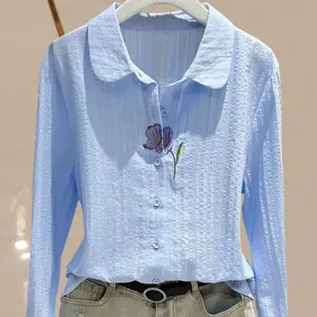 Пролет и есен 2023, Нови дамски модни ризи от чист памук с бродерия на цветя, блузи, Женски Бяло и синьо Розов топ с дълъг ръкав