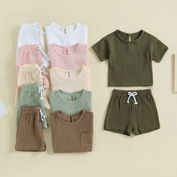 Летни комплекти дрехи за малки момчета и момичета, однотонная тениска с къси ръкави и джобове + шорти, детски дрехи