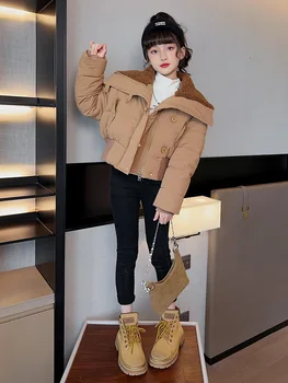 Новост зимата 2023 година, Модерно яке за момичета с мек яка, Удебелена Детски памучни дрехи, късо палто, с тънка талия CH53