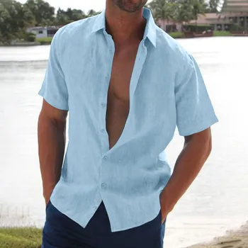 Детски сини мъжки ежедневни ризи с къс ръкав и отложным яка, однотонная риза с копчета от памук и коноп, официалната работна риза