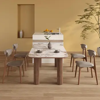 Японски Стилна Дървена кухненска маса за малки и големи апартаменти, Четири Цилиндрични Крака от масивно дърво, Каменна плака, дневна мебели