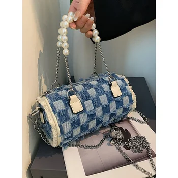 Малка дамска чанта с горната дръжка, украсена с мъниста, Модни чанти през рамо за жени, луксозни дизайнерски дънкови цилиндрични дамски чанти