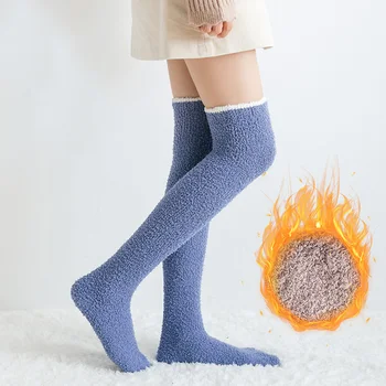 Модни чорапи над коляното, дамски зимни дебели топли домашни плюшени чорапи за сън, Корал, мек вълнен плат отглеждане, новост в чорап