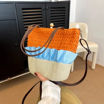 Ракита Сламена чанта ръчен труд за жените 2023, Новата Модерна лятна чанта, чанта, просто модерна плажна чанта на рамото, Женска малка чанта-тоут