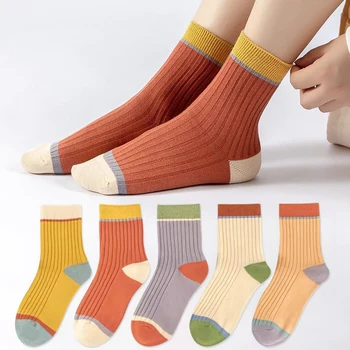 5 двойки/компл. Есенно-зимни чорапи в рубчик за жени ярки цветове, шарени чорапи със средна дължина, корейски меки топли чорапи Calcetines