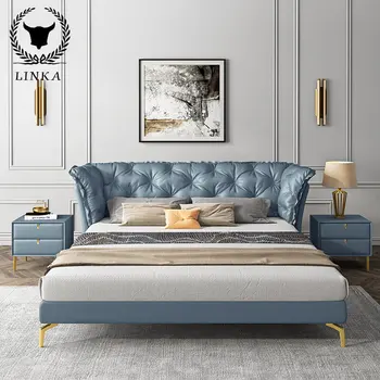 Луксозна американска италианска кожена легло на височина 1,8 м, сватбена легло за главния спални, модерни проста меко легло с цип