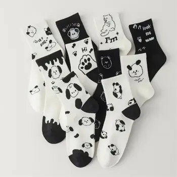 Дамски памучни чорапи, с хубави анимационни любимец, котка, куче, Пандой, Ежедневни чорапи за екипажа, Забавни черно-бели чорапи с надпис Harajuku