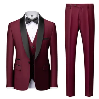 (Якета + Жилетка + Панталон Мъжки пролетни бизнес блейзери/Мъжки костюм от три части от висококачествен памук/Мъжки Луксозен смокинг за младоженеца-S-6XL