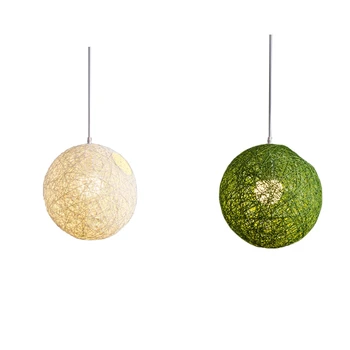 2X Топка полилей от зелен/бял бамбук, ратан и коноп с индивидуално творчество, Сферична лампа от ратан