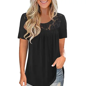 2021 нова женска тениска голям размер, лейси плиссированная риза, лятна тениска с къс ръкав на кръста, черна