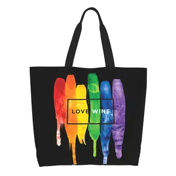 Множество пазарска чанта Love Wins Rainbow за ЛГБТ, дамски холщовая чанта през рамо, здрави торбички за пазаруване на продукти за гей-прайда и лесбийките