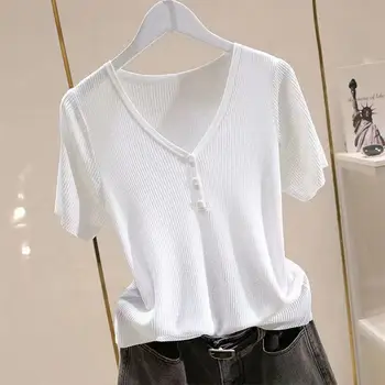 Тениска от ледената коприна с къс ръкав, дамски пуловер, нов тренд на лятото 2023, тънък v-образно деколте, тънка рамка в черен цвят