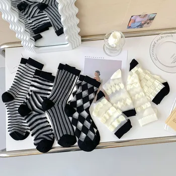 Жените Чорапи Нови Летни Черни На Бели Райета Стъклени Кристални Копринени Чорапи Персонализирани Тенденция Секси Универсални Дамски Чорапи-Тръбички C112