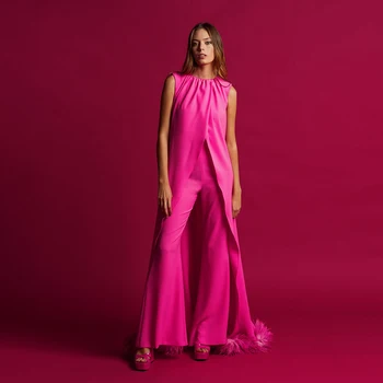 Неутрални ярко-розови дамски комплекти от 2 теми, дълги сака и изгорени Свободни панталони, вечерни рокли Унисекс с пера