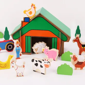 Детска Дървена Развитие пъзел игра за ранно развитие, Ферма, Дървена къща, животни, Строителни блокчета, играчки, игра за деца