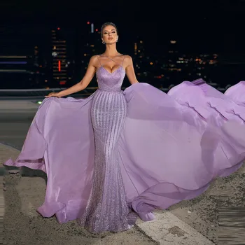 Елегантни Лилаво Вечерни рокли на Русалка за жени 2023 на тънки спагети презрамки и без ръкави, с дължина до пода, вечерни рокли за бала на поръчка