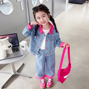 Детски деним комплект дрехи в корейски стил за малки момичета, модни дрехи приятно цвят