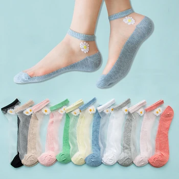 5 чифта летни женски копринени чорапи с дантела и квалификация, тънки дамски чорапи от прозрачно фибростъкло, модни цветни маргаритки в стил Харадзюку, сладък стил, новост