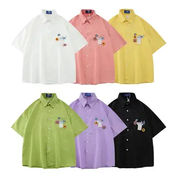 Мъжки ризи в стил хип-хоп в японския ретро с флорални принтом и къс ръкав, Лятна Мода, Свободни Ежедневни тениски за двойки, Блузи, Градинска облекло Ropa Hombre