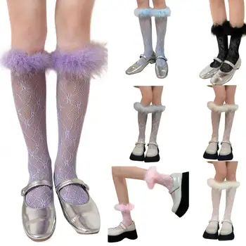 Дамски обикновена дантелени чорапи над прасците, Мрежести, прозрачни Чорапи до коляното, Летни Дантелени чорапи с кожа тапицерия