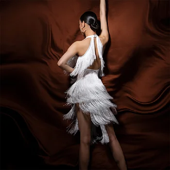 Женствена рокля за латино танци с отворен гръб и пискюли, женски рокли за състезания, костюми за състезателни танци NY23 W23A205-1