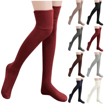 Дамски вълнени гети за крака, есенно-зимна обикновена чорапи над коляното с завязками, Чорапи със средна дрямка дамски чорапи