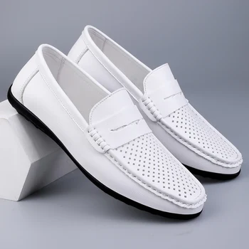 Бели обувки-лодка без шнур, мъжки лоферы, модни дишаща Ежедневни Класически кожени обувки