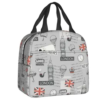 Случайна чанта за обяд от лондонския британския дизайн в Ретро стил, Великобритания, Великобритания, Водоустойчив охладител, Термален обяд-бокс за жени, дамски чанти-тоут за хранителни продукти