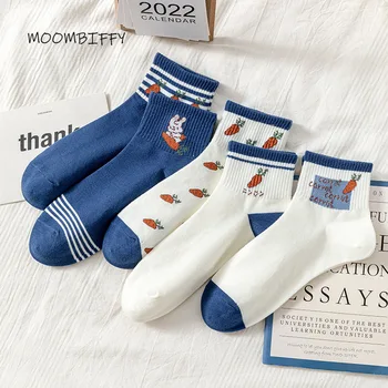 Дамски чорапи от чист памук, Ins, чорапи под формата на лодки, Пролет-лято и есен, тънки чорапи с модел на заек и моркови, Японски сладки момичета