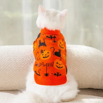 Пуловер с тиква за домашни любимци на Хелоуин, забавен сладък трико с малко котка, топли дрехи за кучета за есента и зимата