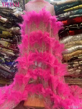 Луксозно Африкански Ново Записване, 3D Лейси плат с пера и пайети, висококачествен френски тюл, 5 ярда плат Нигерия за рокли за рожден ден