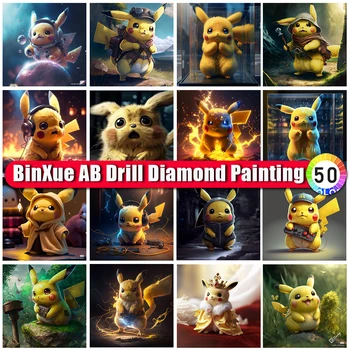 BinXue Pikachu AB, Диамантена живопис, аниме, Pokemon, Пълна с бродерия на кръстат бод, Диамантена Мозайка, Cartoony подарък За дома