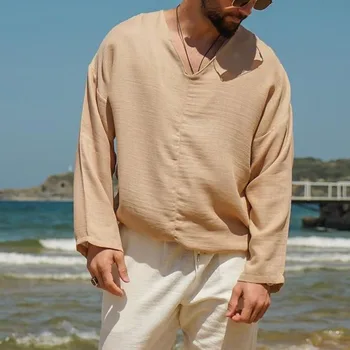 Реколта мъжки памучни ленени ризи с дълги ръкави и V-образно деколте, Всекидневни Свободен пуловер, Пролет-лято, плаж, почивка, Мъжки дрехи, ретро върховете