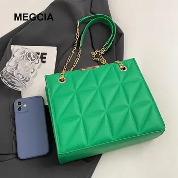 Ватирани чанта през рамо, Женствена чанта през рамо, Дамски чанта от изкуствена кожа, Дамски Квадратна чанта на верига за мобилен телефон, Зелена Марка Дизайнерски обувки B307