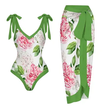 Жена ретро цял бански с зелени флорални принтом, празнична плажни дрехи с дълбоко V-образно деколте, летни дрехи за сърфиране 2023