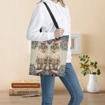Модерна чанта за пазаруване в стил Бохо, Забавен дизайн с бохемски котка, големи чанти за Многократна употреба-лотария за студенти, училищни чанти Bolsas