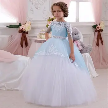 Вечерна рокля на Принцеса с цветя модел за момичета, Дантелени апликации, Сватбени и Бални рокли за абитуриентски бал, Рожден Ден, Първото Причастие, Детска пакетче за деца, Малката булка