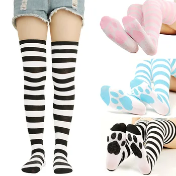 Дамски Сладки Шарени чорапи над коляното за момичета с Котешки лапой, Чорапи до бедрото, Готик пънк, Коледен подарък за Хелоуин