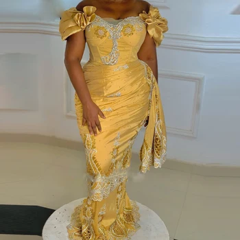 Абитуриентски рокли с аппликацией от златни мъниста за африканските Жени с Кружевными Плисета с открити рамене с Дължина до пода, Русалка, за Тържествен повод 2023