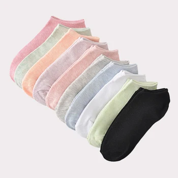 5 Двойки Женски Едноцветни Памучни Чорапи в Ярки Цветове за Момичета, Ежедневни Модни Меки Еластични Къси Чорапи-лодки, Свободен Размер за ЕС 35-43