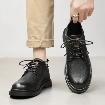 Мъжки Кожени Oxfords, удобен модел обувки, оригинални официални бизнес Ежедневни обувки-дерби на дантела-за мъже