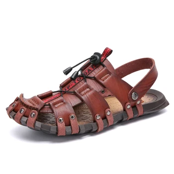 Модерен мъжки сандали, изработени ръчно, чехли голям размер, висококачествени сандали от естествена кожа, градинска лятна плажна обувки с мека подметка